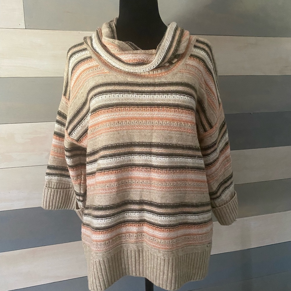 Striped Cowl Neck Sweater - Beige and Orange